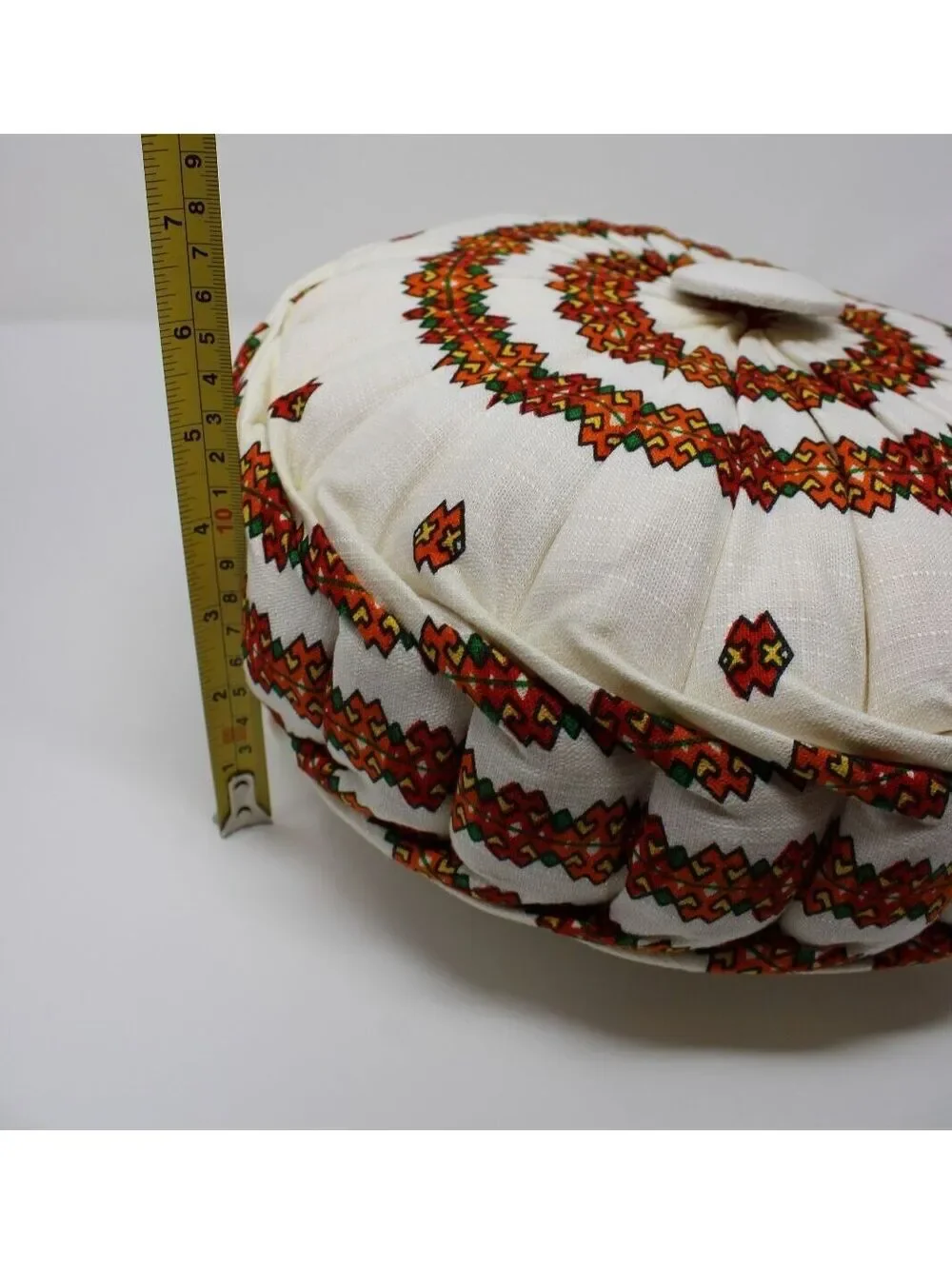 Vintage Round Pleated Throw Pillow Folk Art Embroidery Design Boho Cottagecore